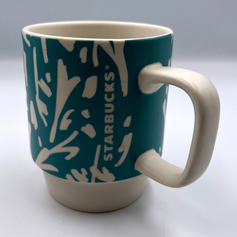 Starbucks 12oz Teal & White Floral Botanical Pattern Mug 2015